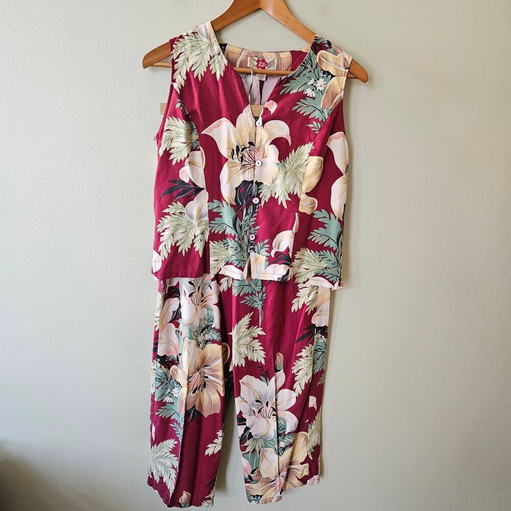 Hilo Hattie Silk 2-Piece Tank Pants Set Sz Small Tropical Floral Button Down